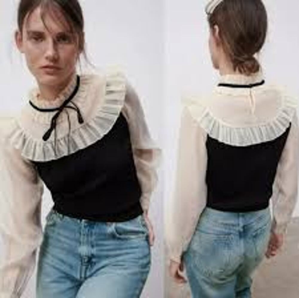 Zara Black Knit Contrasting Organza Ruffled Bib Yoke Sweater Medium